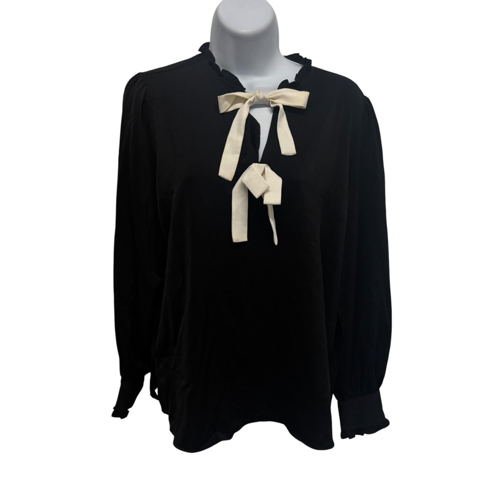 Adrianna Papell Black Ivory Bow Ruffle Neck Silky Blouse M AD1S302807 NEW